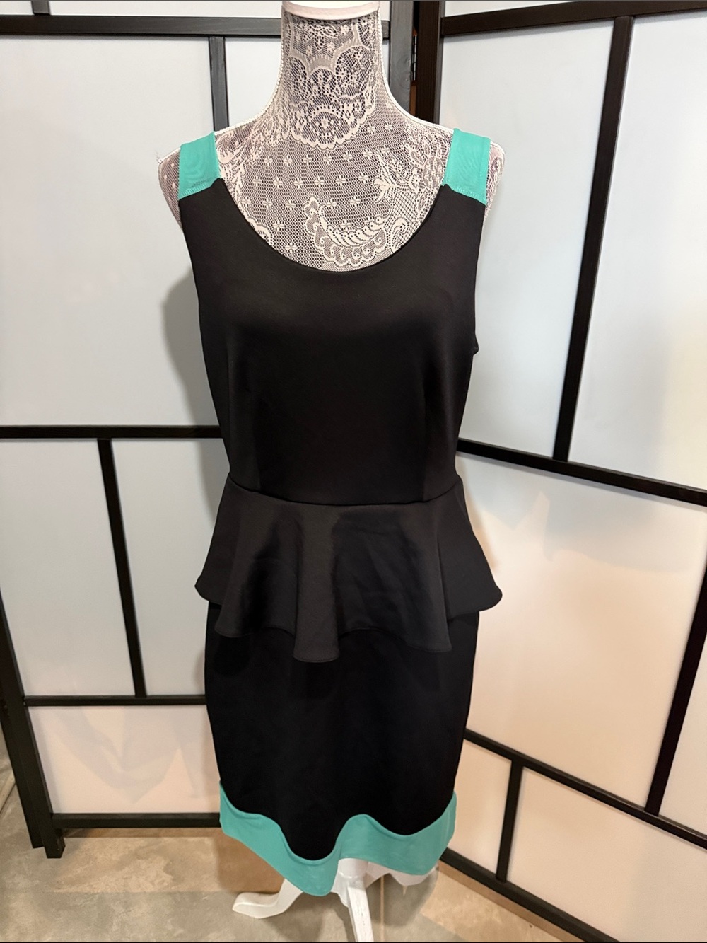 Nicole by Nicole Miller Black Midi Peplum Dress with Teal Accents
